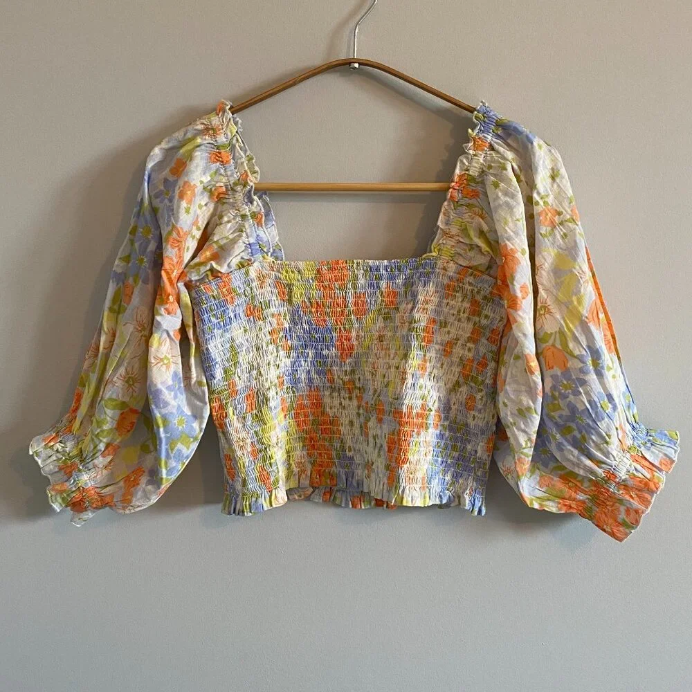 Floral Cropped Blouse Smocked Bodice, Billow Sleeves Feminine Summer Pastel Boho - Picture 2 of 9